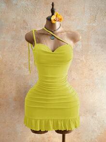 Mistrie 女士性感抽绳迷你紧身连衣裙，夏季时尚绿色吊带迷你连衣裙，后背系带，适合派对之夜，女士夜店装扮，性感女士 - 黃色 - 查看 5