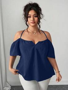 Elenzga Plus Size Women Summer Casual Loose Crinkle Fabric Off-Shoulder Adjustable Strap Front Button Shirt - Navy Blue - View 4