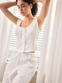 Ocili 棉质提花吊带背心，前开襟设计，舒适柔软的圈圈提花面料，简约家居服，Y2K风格女士睡衣上装 - 白色 - 查看 5