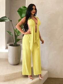 SHEIN SXY 沙滩度假纯色纹理露背吊带背心和裤子套装 - 黃色 - 查看 6