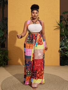 Maweii Mono de talla grande para mujer con estampado retro patchwork - Multicolor - Ver 4