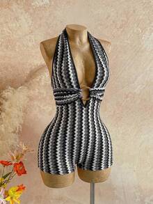 Soleia Bộ jumpsuit nữ màu trắng dệt kim có họa tiết, hở lưng, điểm nhấn là vòng tròn trang trí, thanh lịch cho lễ Halloween, Giáng sinh, kỳ nghỉ, hoặc gợi cảm. - màu đen - Xem 3