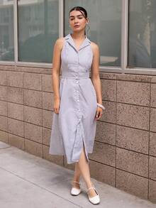 Andrea Bello 女士优雅条纹休闲/通勤连衣裙 - 藍白色 - 查看 1