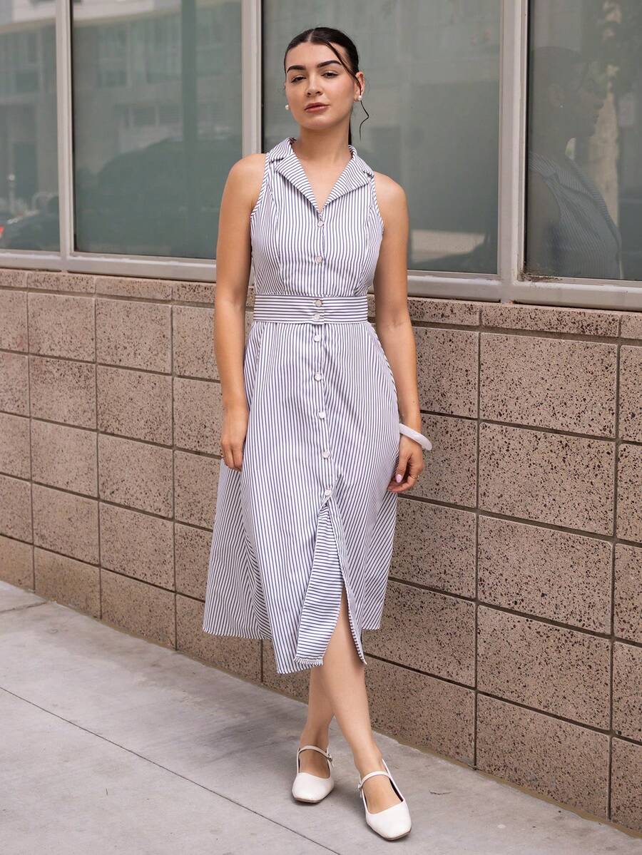 Andrea Bello 女士优雅条纹休闲/通勤连衣裙 - 藍白色 - 查看 1