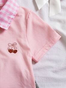 女童（小号）荷叶边领条纹短袖T恤，修身通勤休闲款 - 彩色 - 查看 6