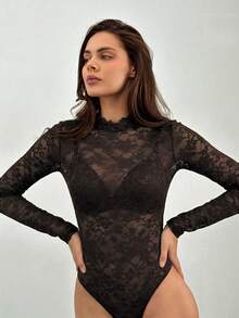 SHEIN Tall 时尚性感透视蕾丝长袖连体衣 - 棕色 - 查看 5