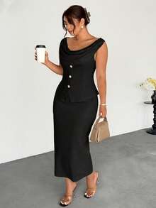 Firerie Plus Size Loose Neck Sleeveless Minimalist Design Elegant 2 Pieces Set, Summer - Black - View 1