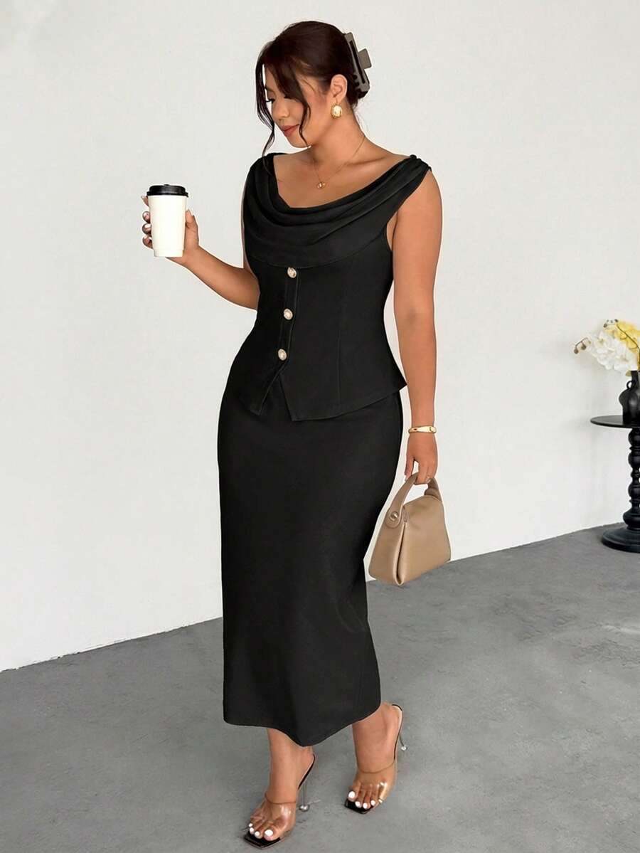Firerie Plus Size Loose Neck Sleeveless Minimalist Design Elegant 2 Pieces Set, Summer - Black - View 1