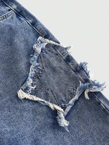 ROMWE Grunge Punk Quần short denim nữ mùa hè mới, kiểu dáng thời trang thường ngày với họa tiết thêu ngôi sao năm cánh, quần short Bermuda denim dành cho nữ. - Rửa trung bình - Xem 4