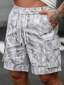 Manfinity LEGND 新款夏季男士迷彩树纹工装短裤，多口袋休闲工装裤，时尚百搭 - 卡其色 - 查看 5