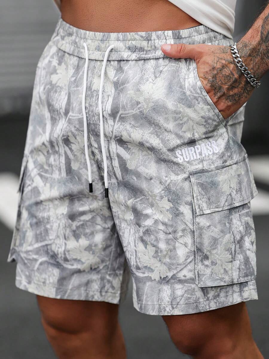 Manfinity LEGND Quần short cargo nam mùa hè mới, họa tiết cây rằn ri, nhiều túi, kiểu dáng thường ngày, thời trang và đa năng. - Màu Khaki - Xem 1