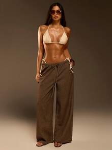 Athîral Quần jeans ống rộng kẻ sọc màu kaki cạp chun dành cho nữ, thích hợp cho kỳ nghỉ hè/mùa xuân. - Cà phê nâu - Xem 4