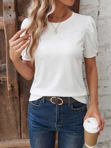 Selamara 女士休闲基础款白色圆领插肩袖T恤 - 白色 - 查看 4