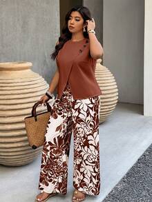 SHEIN LUNE Plus Size Summer Casual Sleeveless Ruffled Crop Top And Wide Leg Pants 2 Pieces Set - Burgundy - View 1