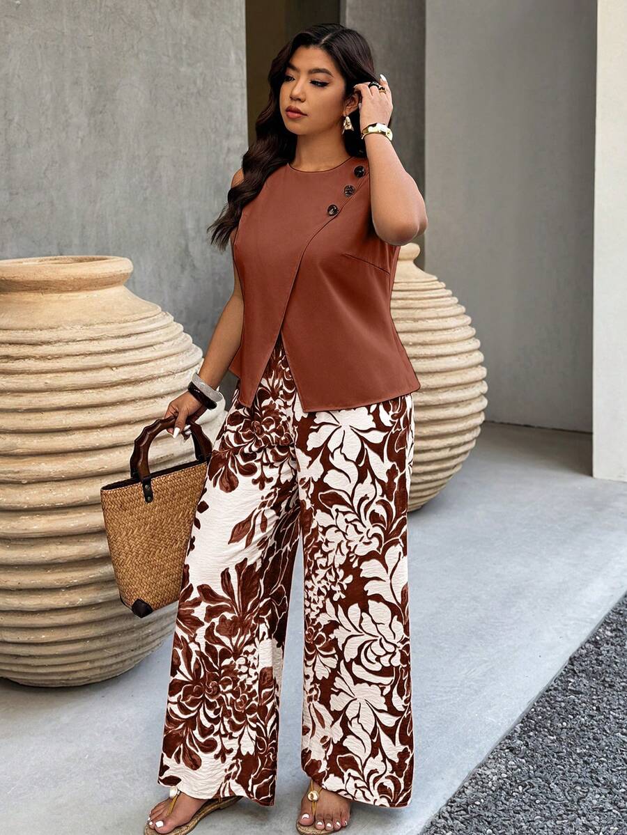 SHEIN LUNE Plus Size Summer Casual Sleeveless Ruffled Crop Top And Wide Leg Pants 2 Pieces Set - Burgundy - View 1