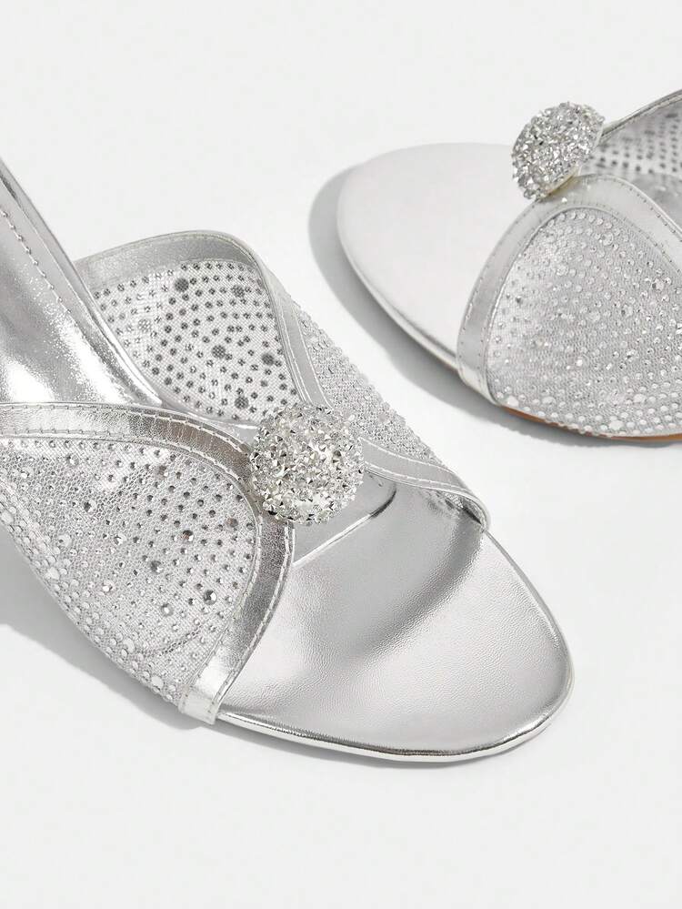 CUCCOO TILAWA Women Shoes Round Toe Slender Heel Silver Mesh Full Diamond Slip-On Open Toe Women's High Heel Sandals Slippers With Skirts Fashion Gorgeous Banquet Party Women's Sandals Women's Shoes