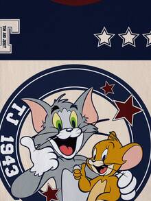 TOM & JERRY X SHEIN 男童圆领撞色字母卡通印花休闲日常短袖T恤 - 白色 - 查看 5