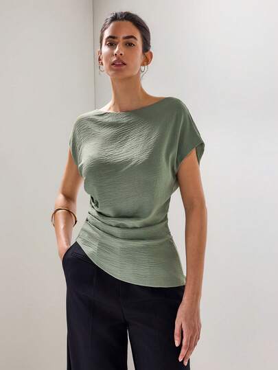 Briarwyn 新款女士纯色不对称下摆休闲套头衫，垂褶领设计，春夏款