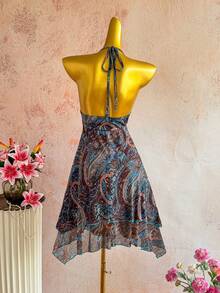 Sunnyshic Đầm ngắn cổ yếm buộc nơ kiểu Bohemian năng động, họa tiết paisley, dáng bất đối xứng, nhiều lớp, phối ruy băng, thích hợp cho nữ, đi nghỉ mát, mặc hàng ngày, thời trang. Thích hợp cho mùa xuân/hè. - Nhiều màu - Xem 2