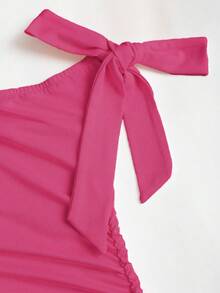 Sweetra Women's Casual Metal Decor Asymmetric Collar Dress, Summer - Hot Pink - View 6