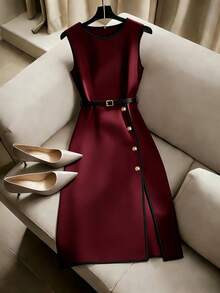 Franclia Casual Versatile Minimalist Round Neck Black Trim Belt Apricot Color Sleeveless Dress, Spring/Summer - Burgundy - View 3