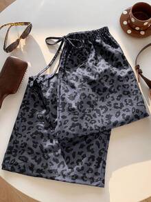 SHEIN EZwear Quần ống rộng nữ màu xanh nhạt họa tiết da báo, cạp chun, kiểu dáng thường ngày. - Màu xanh bụi bặm - Xem 4