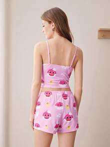 BABY SHARK X SHEIN Bộ đồ ngủ nữ không tay in họa tiết dễ thương - Hồng - Xem 5