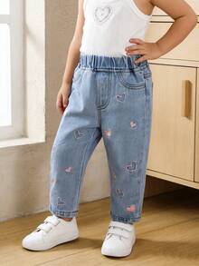 SHEIN Vintaside Kids 女嬰心形刺繡牛仔錐形長褲 秋季 - 藍色 - 查看 8