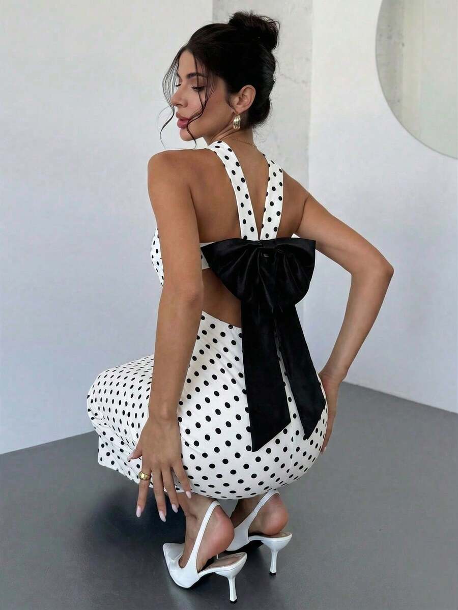 Firerie 女士浪漫露背撞色蝴蝶结连衣裙 - 黑與白 - 查看 1