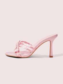 CUCCOO DOLLMOD 女士粉色缎面蕾丝网眼拼接蝴蝶结时尚优雅春夏婚礼气质圆头交叉绑带凉鞋 - 淺粉色沙丁 - 查看 6