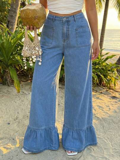 Sunnyshic Plus Size Solid Color New Ruffled Hem Loose Pocket Jeans