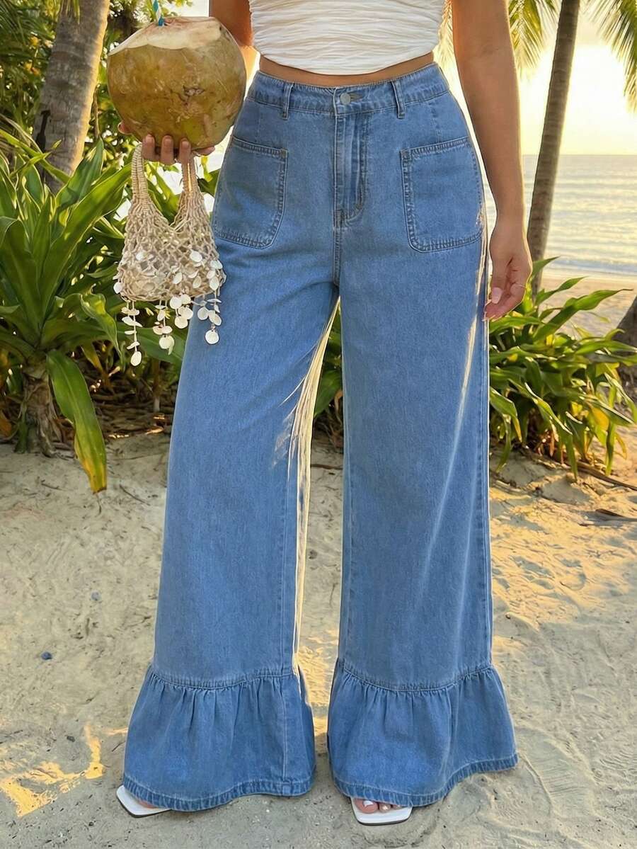 Sunnyshic Plus Size Solid Color New Ruffled Hem Loose Pocket Jeans - Blue - View 1
