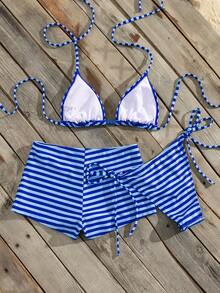 SHEIN Swim Vcay 3件套女士夏季条纹随机印花挂脖比基尼和内裤套装 - 藍色 - 查看 5
