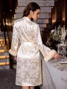 SilkySpell Áo choàng sang trọng, thanh lịch với chất liệu giả lụa, viền jacquard dành cho nữ. - Rượu sâm banh - Xem 2