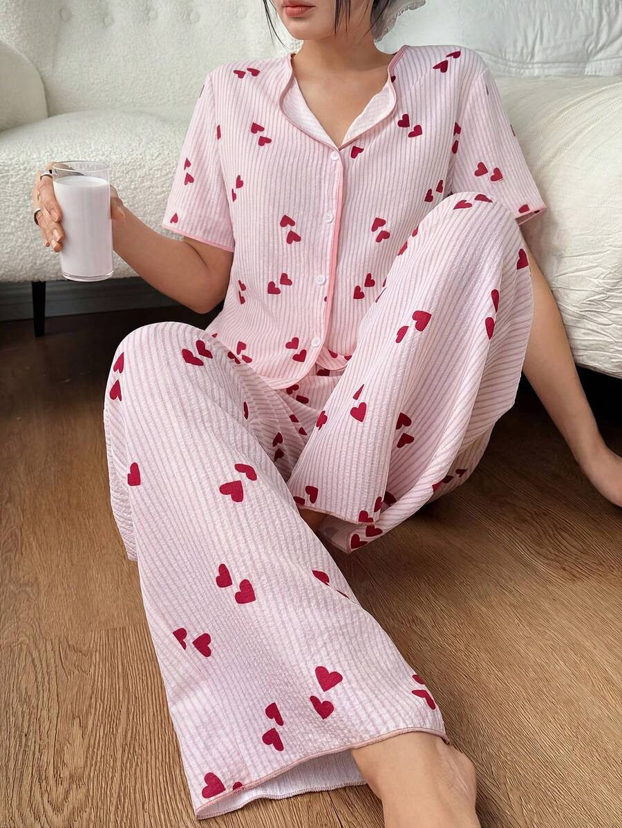 Napfluff 女士休闲撞色领条纹爱心印花短袖睡衣套装 - 粉色 - 查看 1