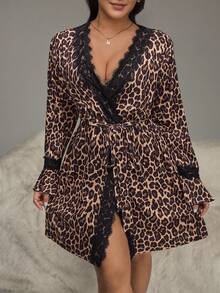 SHEIN 大码女式V领蕾丝边休闲家居服睡袍 - 咖啡棕 - 查看 1