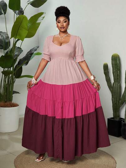 Maweii Plus Size Vintage Patchwork Colorful Maxi Dress, Summer