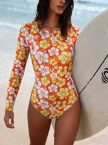 Swim SPRTY Women's Long Sleeve Rashguard One Piece Swimsuit,Orange Flower Hibiscus Print Full Coverage Surf Suit,Summer Beach Vacation Holiday Casual Swimwear - Multicolor - View 3