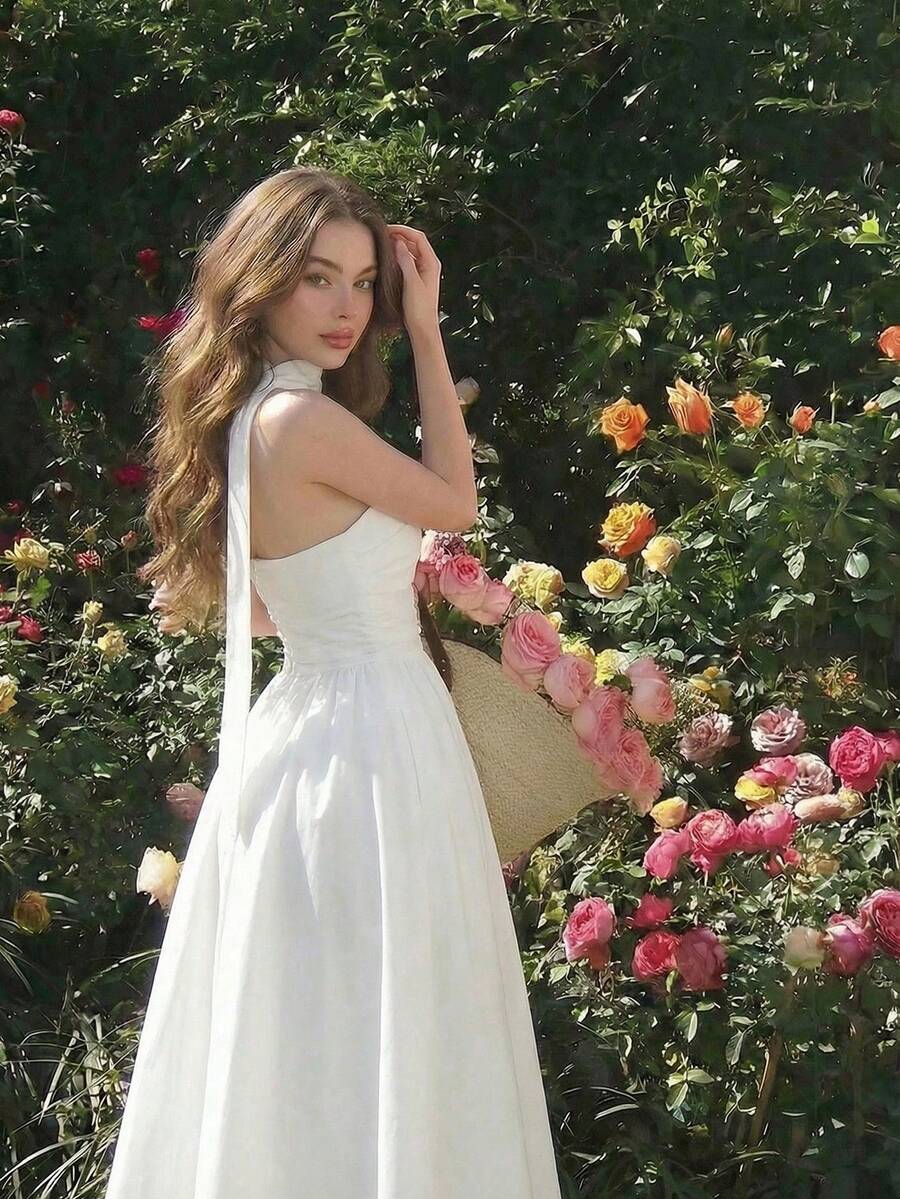 SHEIN MOD Đầm midi trang trí ruy băng trắng, đầm nữ, đầm dự lễ, đầm trắng, đầm dự tiệc, đầm ấn tượng, đầm dã ngoại cho nữ, đầm trắng phong cách đồng quê, trang phục mùa hè cho nữ, đầm kiểu Pháp, đầm trắng mùa xuân cho nữ. - trắng - Xem 1