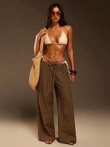 Athîral Quần jeans ống rộng kẻ sọc màu kaki cạp chun dành cho nữ, thích hợp cho kỳ nghỉ hè/mùa xuân. - Cà phê nâu - Xem 3