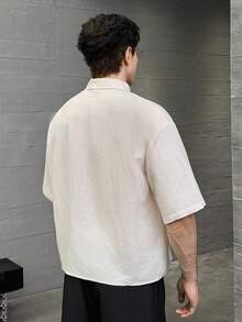 SWAVVY Men's Letter Embroidered Single-Breasted Casual Shirt, Short Sleeve - Khaki - View 2