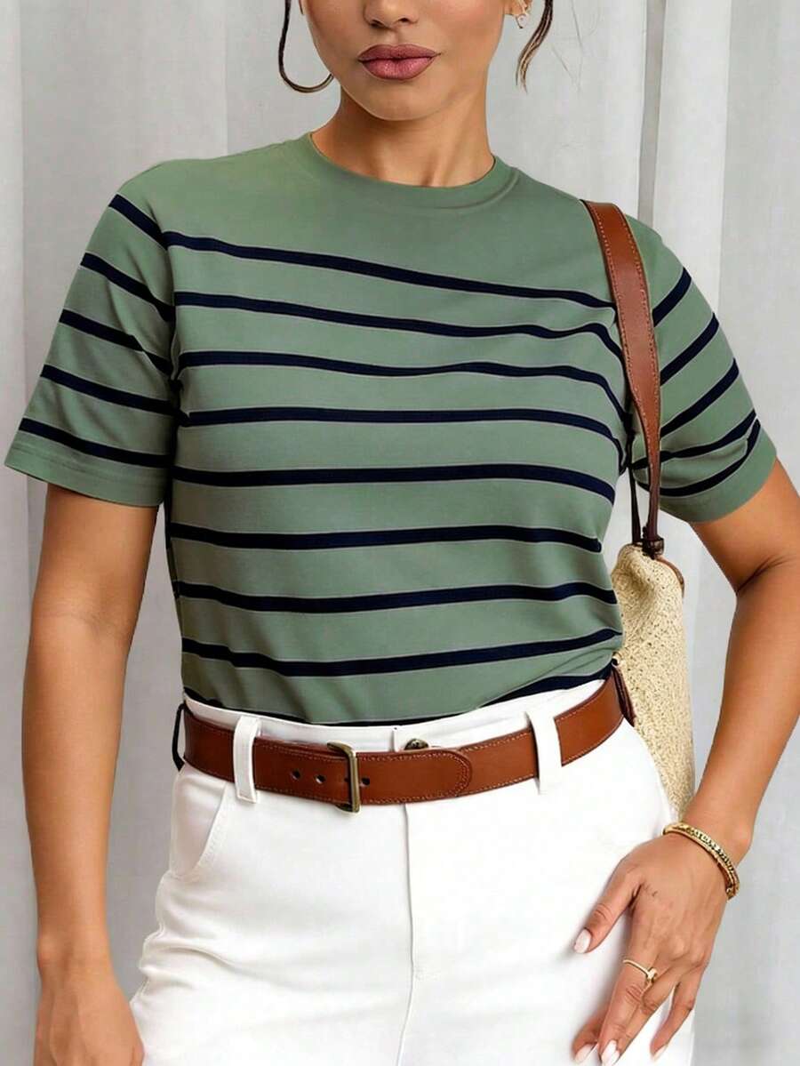 Vionelle Plus Size Round Neck Striped Short Sleeve T-Shirt Graphic Tees Women Tops - Green - View 1