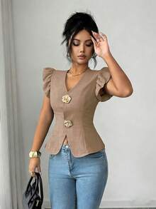 SHEIN Elenzya Elegante Damenbluse in Unifarbe mit Metallschließe, V-Ausschnitt und Volantärmeln, raffinierte Damenbluse - Braun - Übersicht 4