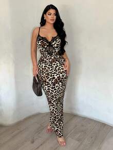 SHEIN SXY Vestido camisero ajustado de mujer con estampado de leopardo y parches de encaje - Multicolor - Ver 4