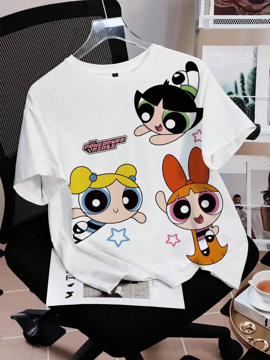 THE POWERPUFF GIRLS X SHEIN 女士圆领短袖T恤，全印花 - 白色 - 查看 1