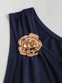 Sweetra Gaun Wanita Elegan dengan Dekorasi Logam, Bahu Asimetris dan Hem Berumbai, Musim Panas - Navy Blue - View 3