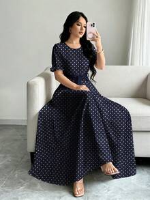 Modelyn 加大码藏蓝色波点印花长款连衣裙，女士时尚圆领短泡泡袖设计，配腰带，优雅夏季长款连衣裙 - 彩色 - 查看 1