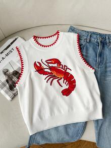 SHEIN EZwear 女士圆领撞色滚边龙虾印花休闲日常针织上衣 - 白色 - 查看 6
