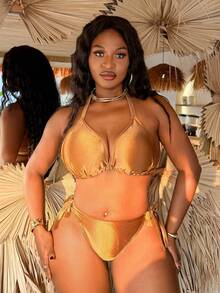 Slaydiva Plus Size Solid Color Halter Tie Bikini Set Set, Summer Fashion - Multicolor - View 5