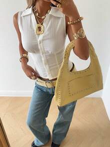 SHEIN EZwear Áo sơ mi nữ màu trắng dệt kim không tay, cài cúc phía trước, ôm dáng, thích hợp cho mùa hè. - trắng - Xem 4